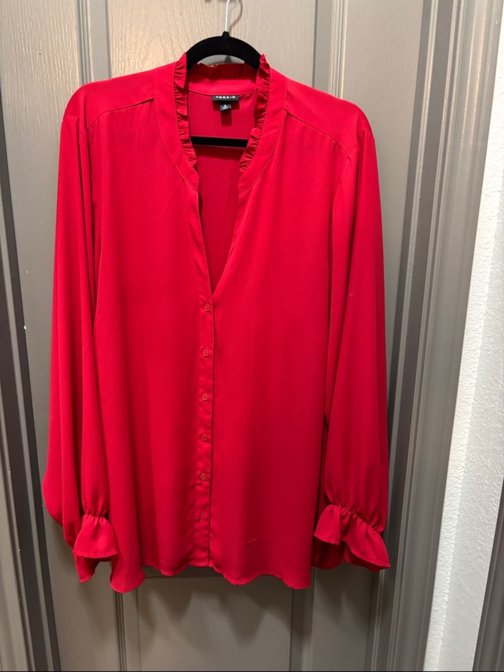 Torrid Vibrant Red Ruffle-Cuff Button Blouse